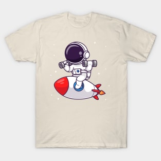 Cute Astronaut Lifting Dumbbell On Rocket Cartoon T-Shirt